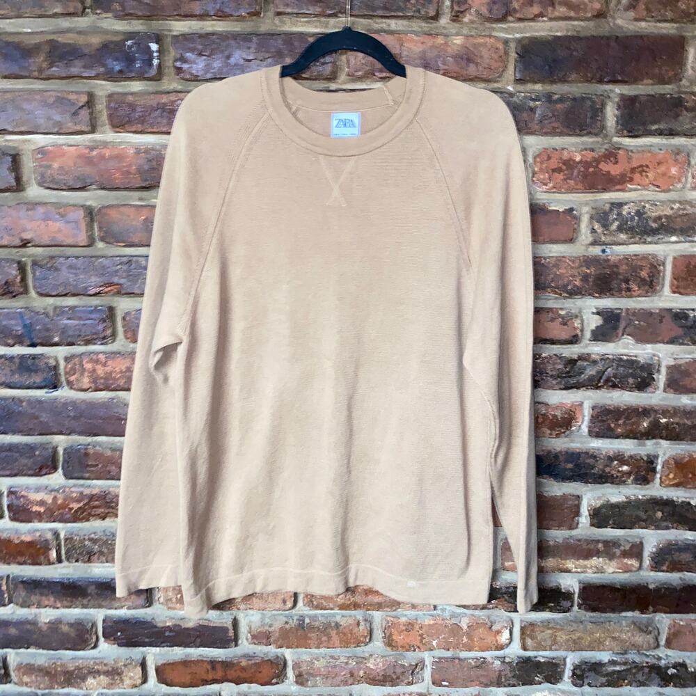 Zara Tan Beige Brown Crew Neck Knit Pullover Sweater Men's Size Large